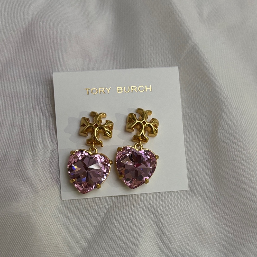 Tory Burch Gold-Tone Earrings with Pink Heart Crystal Drops